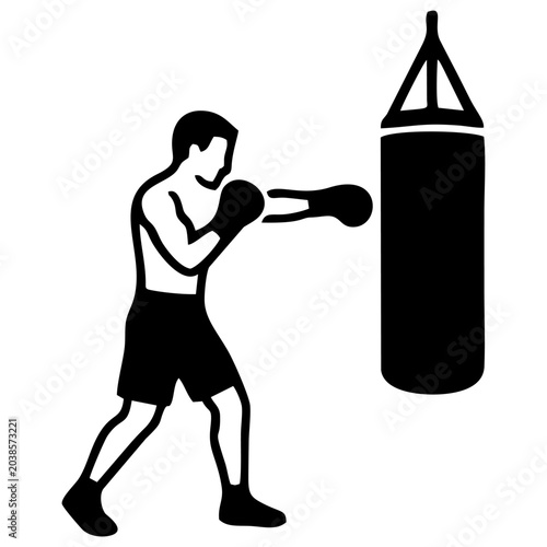 Bilde på lerret Man Wearing Boxing Gloves Punching Bag.