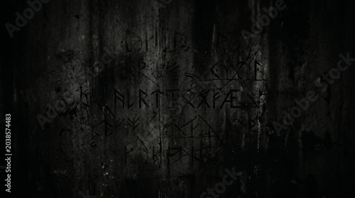 Abstract Dark Background Featuring Faint Ancient Runic Symbols And Scratched Text On Gritty Distressed Texture