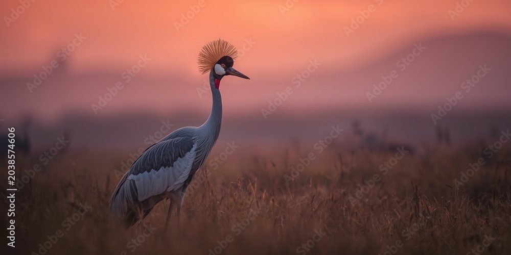 Obraz premium Dignified crowned crane highlighted by a golden crown under a rich sunset glow