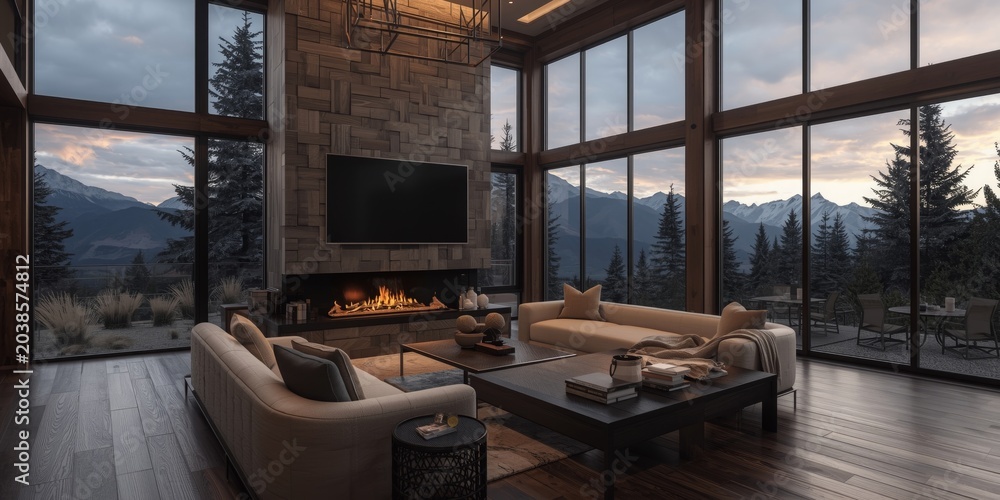 Fototapeta premium elegant living area featuring a modern fireplace and wall to wall windows offering expansive mountain outlook