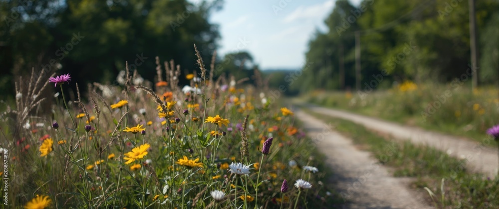 Obraz premium Colorful summer wildflowers thriving near a country road
