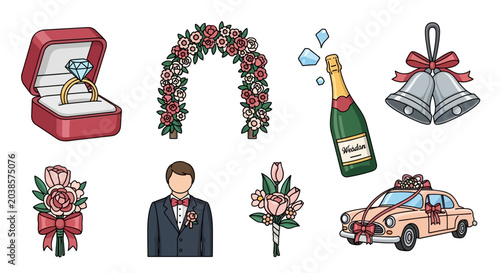 Wedding celebration elements set with ring arch champagne bells bouquet groom car.