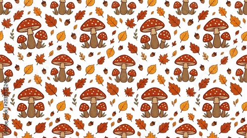 Seamless Autumn Pattern Featuring Red Amanita Mushrooms Fall Leaves And Acorns On White Background For Fabric Design