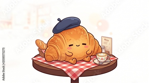 Adorable Anthropomorphic Croissant Character Wearing A Blue Beret Sitting At A French Cafe Table With A Cup Of Coffee