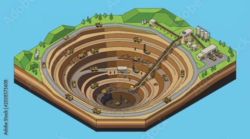 A 3D isometric illustration of a mine shaft with multiple levels and a railway track.