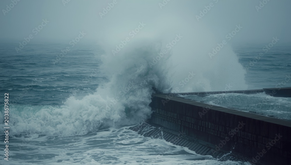 Naklejka premium Fierce ocean wave impact on breakwater in hurricane conditions with space for design
