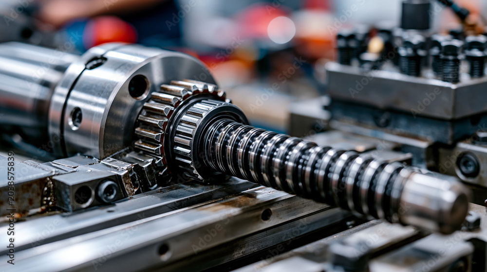 Naklejka premium Lathe compound rest slide mechanism, threaded leadscrew detail, CNC turning center cross slide, precision machined steel surface, machine tool saddle component macro, workshop engineering equipment 