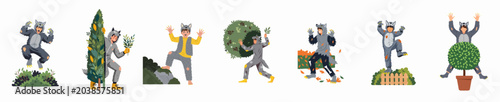 Foto Vector set of cartoon characters in wolf and werewolf costumes playing, hiding, and roaring in various garden and outdoor settings