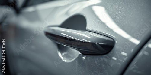 Detailed close up of a modern car door handle on a freshly coated surface