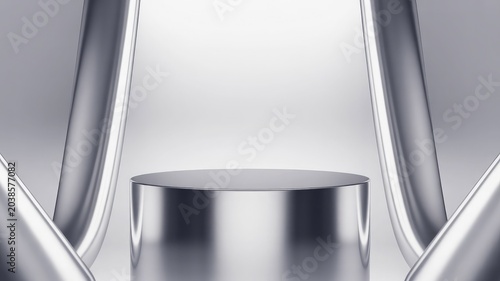 Sleek silver podium with curved metallic structures on transparent background