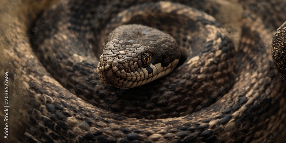 Obraz premium Close view of a northern copperhead snake with highly detailed coiled scales