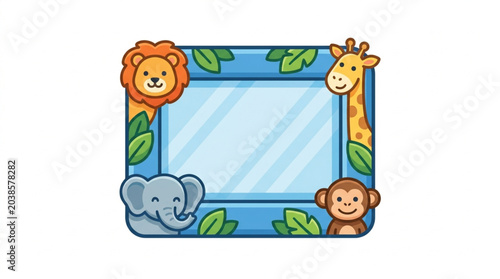 Photography Cute cartoon animal photo frame with jungle leaves.
