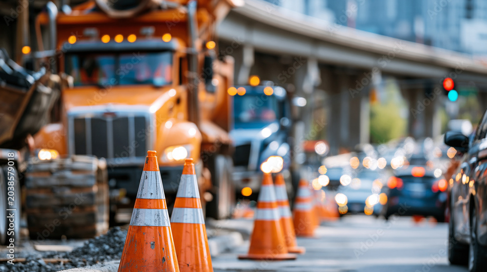 Fototapeta premium Long-term road reconstruction with traffic cones, heavy trucks, elevated highway supports, and dense urban traffic moving through a controlled work zone, road reconstruction, elevated