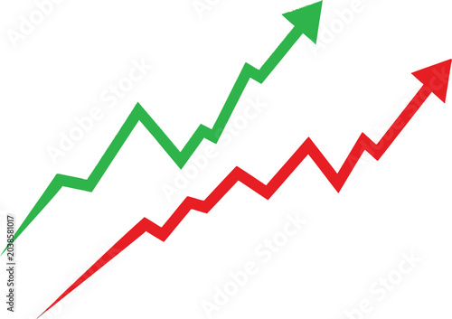 Upward growth chart with green and red trend lines