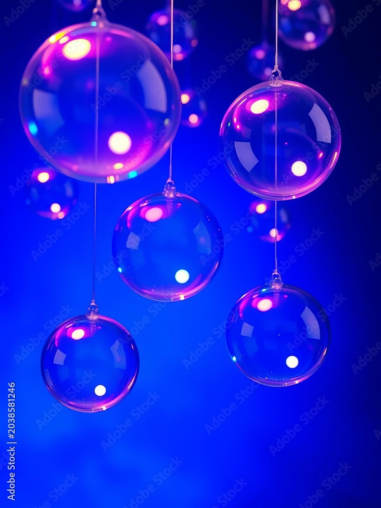 Obraz premium Hanging Glass Spheres with Neon Blue and Purple Lighting
