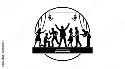 Silhouette Illustration of Actors Performing on Stage Under Spotlights.