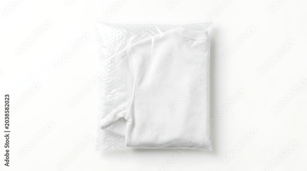 Fototapeta premium Isolated white sweatshirt mockup folded inside transparent plastic packaging bag for apparel branding and retail display