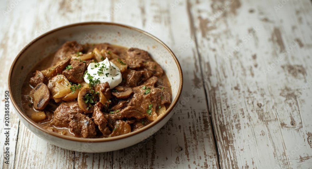 Fototapeta premium Creamy beef stroganoff with mushrooms and onions served in bowl on white wood with copy space