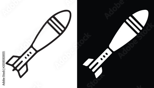 Фотография Mortar Bomb Icon: A stark, minimalist representation of a mortar bomb, presented in a graphic icon style with both black and white backgrounds, symbolizing military ordinance and projectile weaponry