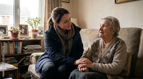 Caring for the elderly A compassionate moment between a caregiver and senior woman offering comfort and support in a home setting