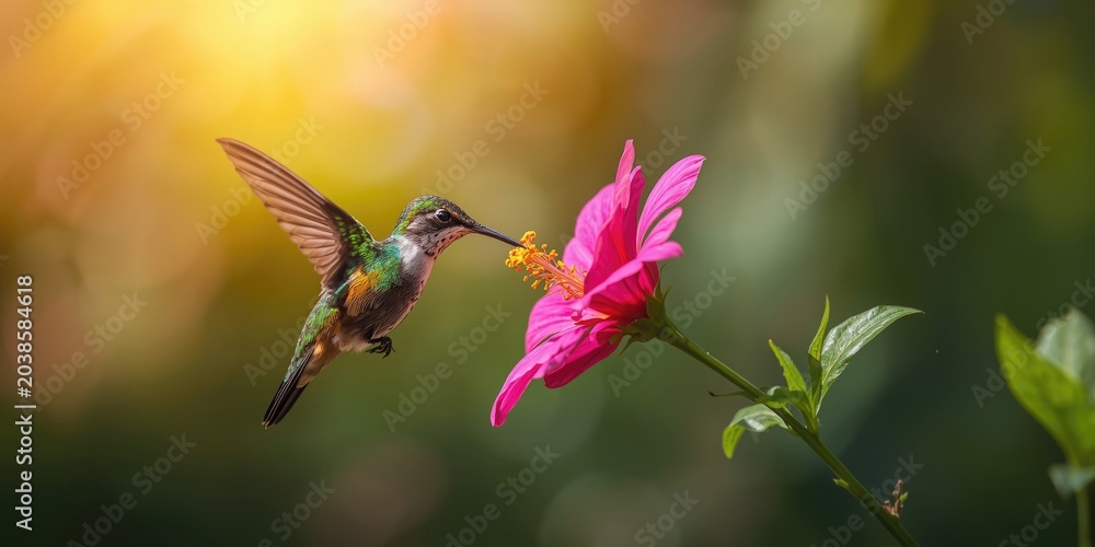 Obraz premium Delightful hummingbird sipping nectar from a bright pink flower on a sunny day