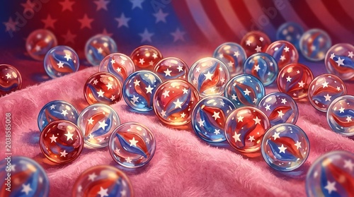 American Flag Marbles on Pink Fabric Background