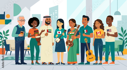 This flat design vector illustration depicts a diverse group of people chatting and laughing, symbolizing the inclusive and communal spirit of the Edinburgh International Festival. 
