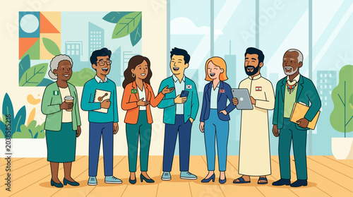 This flat design vector illustration depicts a diverse group of people chatting and laughing, symbolizing the inclusive and communal spirit of the Edinburgh International Festival. 