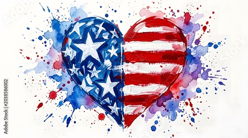 Paint splatter heart shape with American flag colors on white background, vibrant abstract celebration concept
