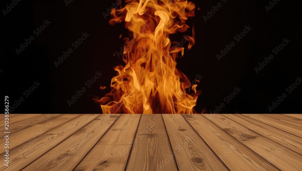 Fototapeta premium Close up shot of a wood fire with radiant amber flames and swirling beige smoke on a rectangular wooden floor