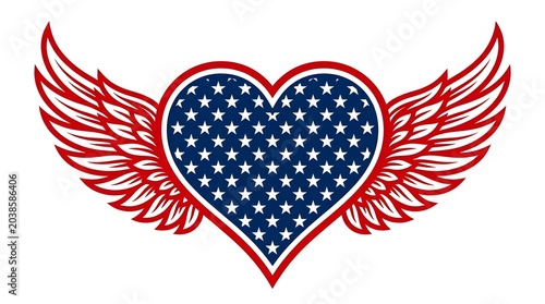Patriotic American Heart with Wings Symbolizing Freedom and Love in Flat Design Style