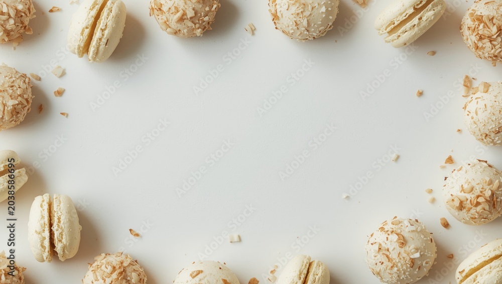 Obraz premium Coconut macaroons scattered on a white flat surface ideal for text addition