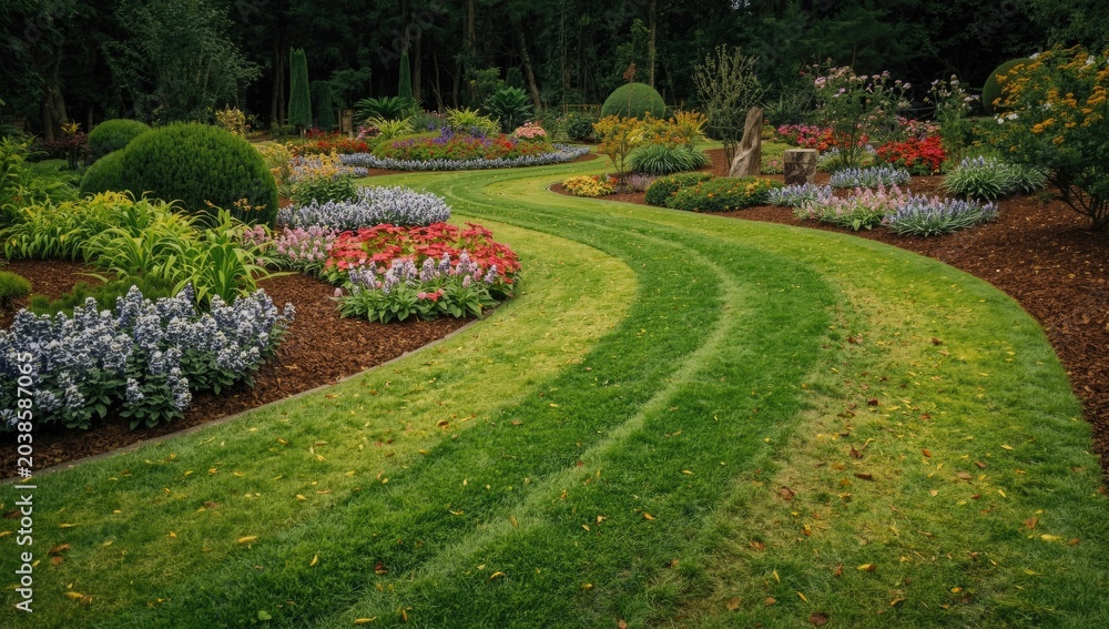 Obraz premium Colorful garden beds with a bending green grass route in a peaceful setting