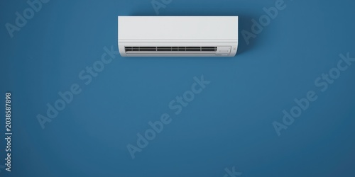Contemporary indoor split AC unit on blue wall with open space for promotional text