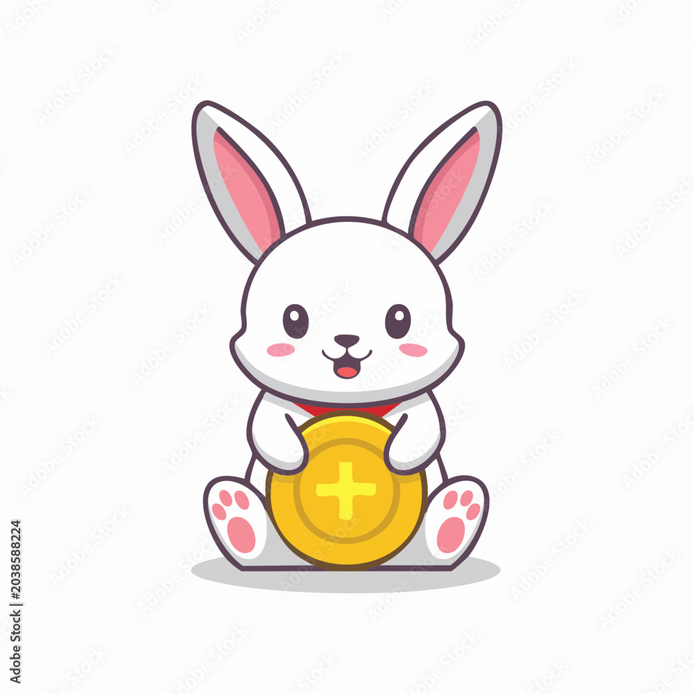Obraz premium Cute cartoon rabbit holding a golden coin