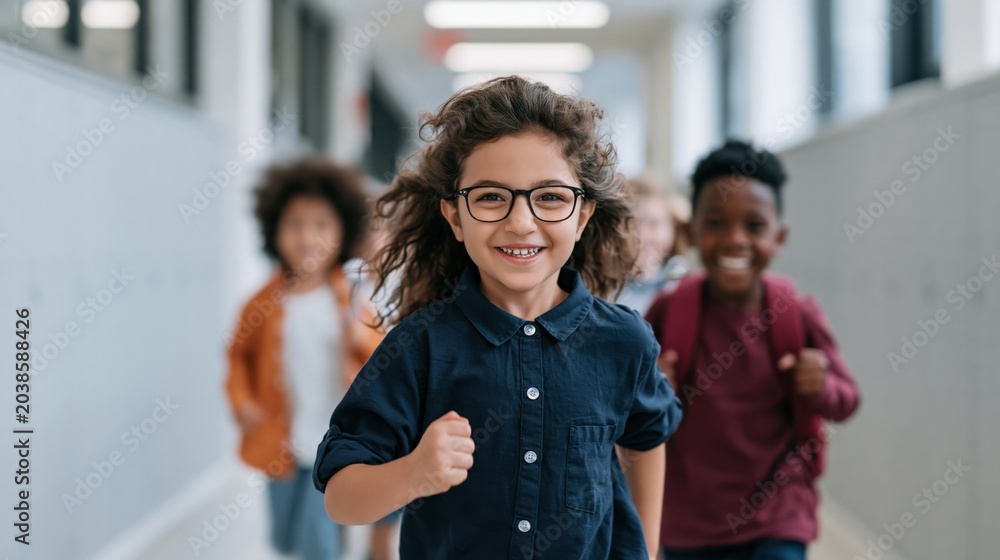 Obraz premium Smiling child leading classmates running in school corridor background for education banner and classroom poster design