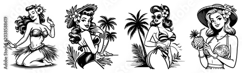 Canvastavla Vintage pin-up girls summer beach set, tropical hula dancers and bikini women re