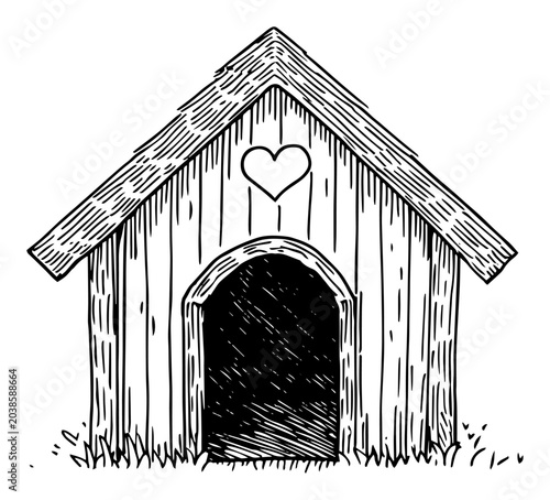 Foto Doghouse with heart symbol vintage woodcut engraving style, wooden dog kennel ho