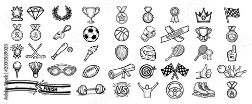 Cuadro en lienzo Sports and trophies mega icons set, award medals competition and fitness equipme