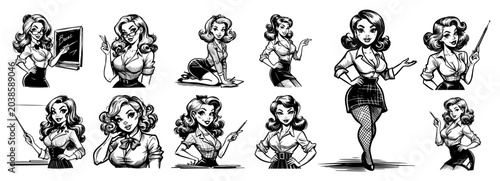 Foto Vintage pin-up women secretary and teacher set, retro comic style office ladies