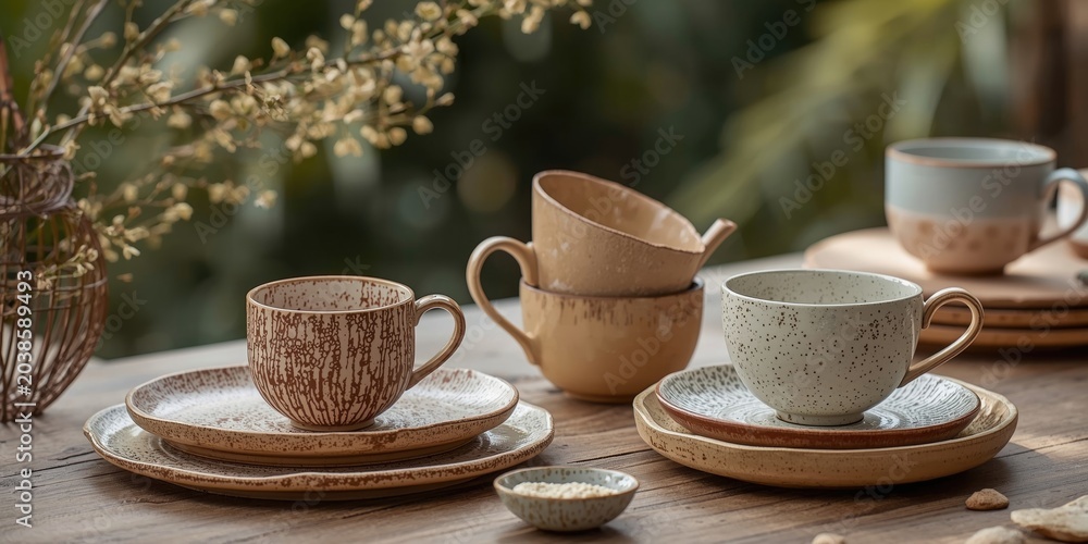 Fototapeta premium Contemporary ceramic cups paired with textured plates and bowls