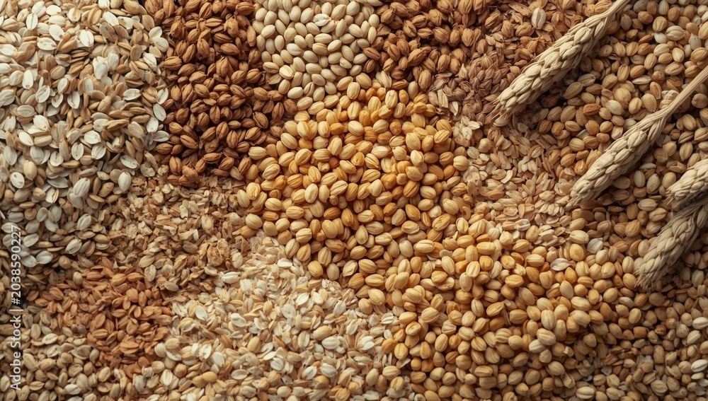 Obraz premium Compilation of various cereals and natural grains demonstrating raw food agricultural concepts