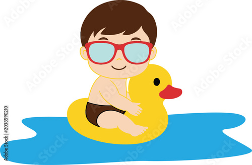 Boy Wearing Goggles on Rubber Duck.