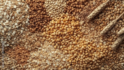 Compilation of various cereals and natural grains demonstrating raw food agricultural concepts