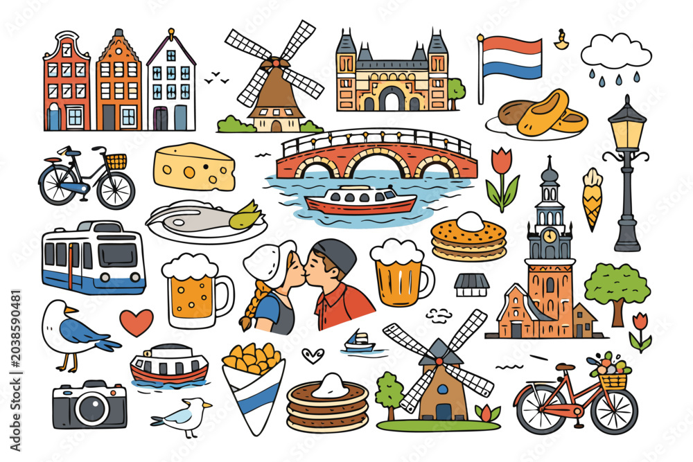 Fototapeta premium Amsterdam travel doodle set featuring cute hand drawn city symbols and landmarks in line art style including canal houses clogs tulips bicycle and cheese for tourism and vacation designs.