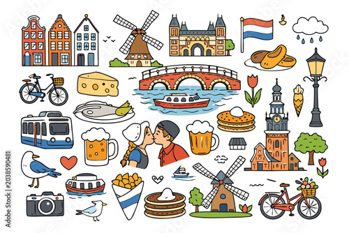 Amsterdam travel doodle set featuring cute hand drawn city symbols and landmarks in line art style including canal houses clogs tulips bicycle and cheese for tourism and vacation designs.