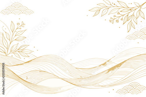 Elegant gold line pattern with abstract waves and delicate floral leaves on a white background, luxury vector illustration for sophisticated branding, textile design, and premium packaging art.