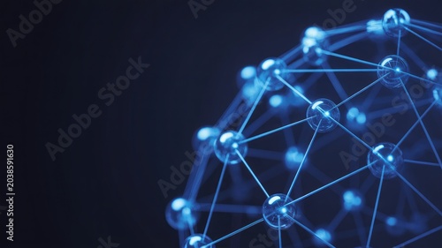 A photorealistic visualization of a molecular structure model with glowing blue nodes and connections on transparent background