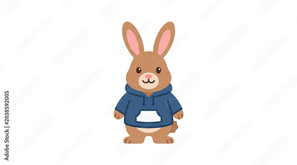 Fototapeta premium Cute cartoon rabbit wearing a blue hoodie standing.