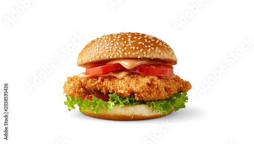 Golden crispy chicken sandwich with garden fresh vegetables and smooth sauce on sesame seed bun isolated on white